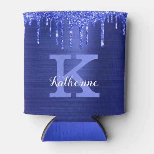 Girly Sapphire Blue Glitter Drift Monogram Name Blikjeskoeler (Voorkant)