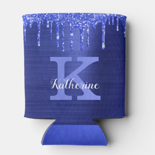 Girly Sapphire Blue Glitter Drift Monogram Name Blikjeskoeler (Achterkant)