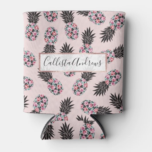 Girly schattig bloemig roze zwart ananas patroon blikjeskoeler (Voorkant)