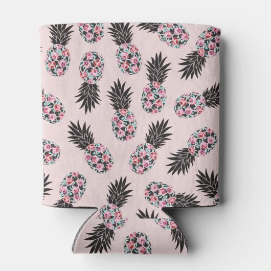 Girly schattig bloemig roze zwart ananas patroon blikjeskoeler (Achterkant)
