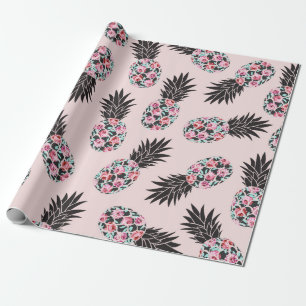 Girly schattig bloemig roze zwart ananas patroon cadeaupapier