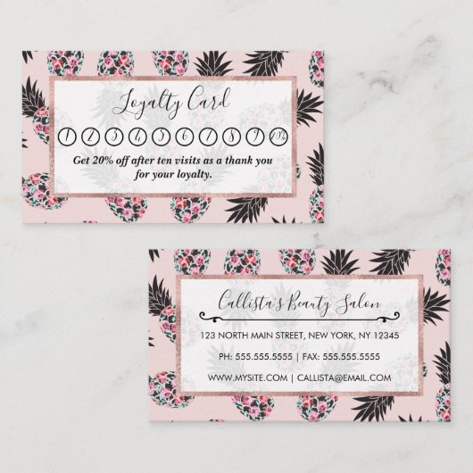 Girly schattig bloemig roze zwart ananas patroon klantenkaartje (Voorkant / Achterkant)