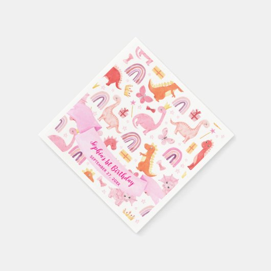 Girly Schattig Roze Lint Baby Dinosaur Kids Verjaa Servet (Hoek)