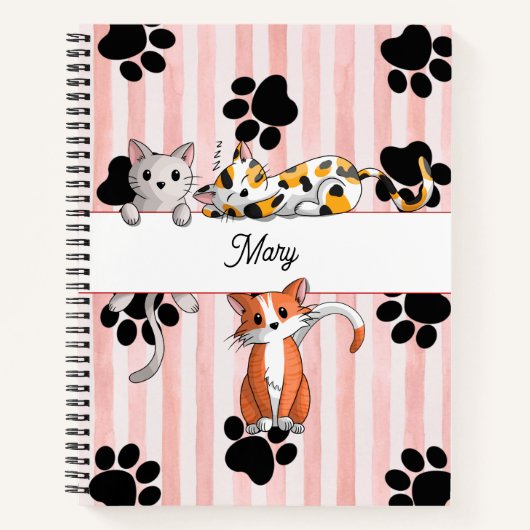 Girly schattige Kittens & poten, rode gestreepte s Notitieboek (Voorkant)