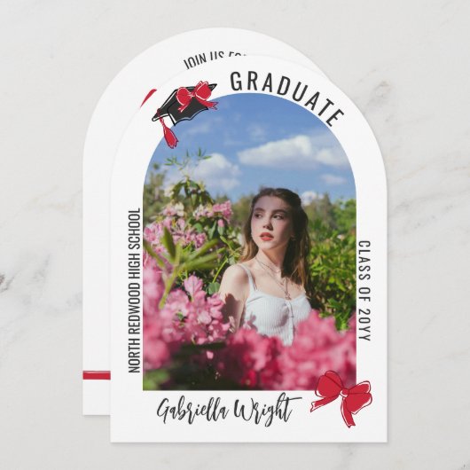 Girly Schattige Red Bows Arch Afstuderen Celebrati Kaart (Voorkant / Achterkant)