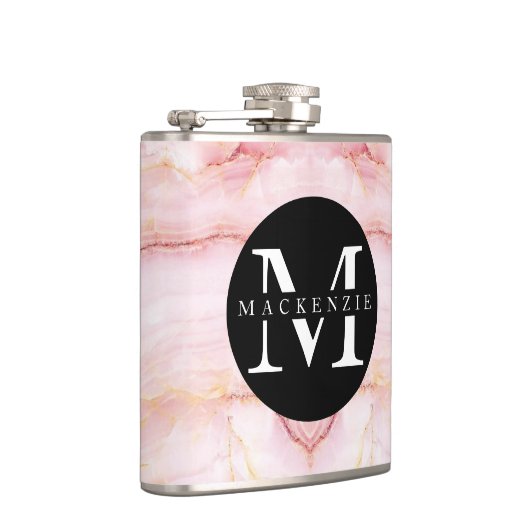 Girly Schattige Roos Gouden Monogram Naam Heupfles (Rechts)