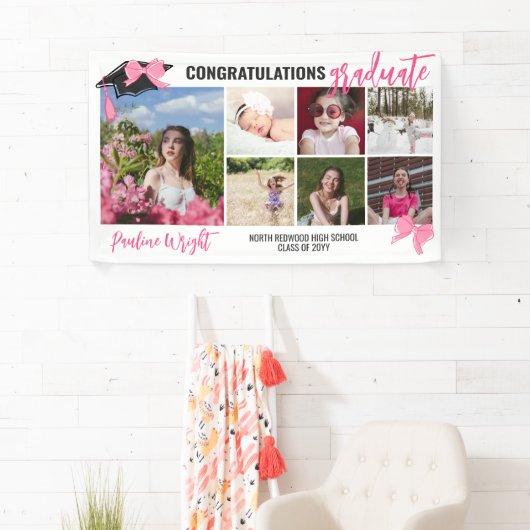 Girly Schattige Roze Bogen 7 Foto's Congrats Afstu Spandoek (Insitu)