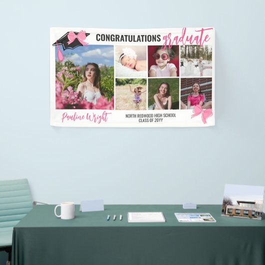 Girly Schattige Roze Bogen 7 Foto's Congrats Afstu Spandoek (Beurs)