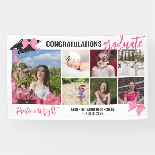 Girly Schattige Roze Bogen 7 Foto's Congrats Afstu Spandoek (Horizontaal)