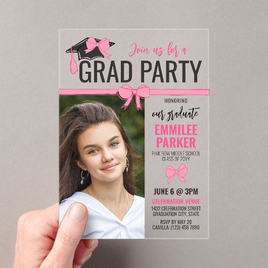 Girly Schattige Roze Bogen Foto Afstuderen Celebra Acryl Uitnodigingen (Insitu (Draagbaar))