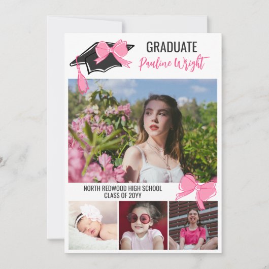 Girly Schattige Roze Bogen Foto's Afstuderen Vieri Kaart (Voorkant)