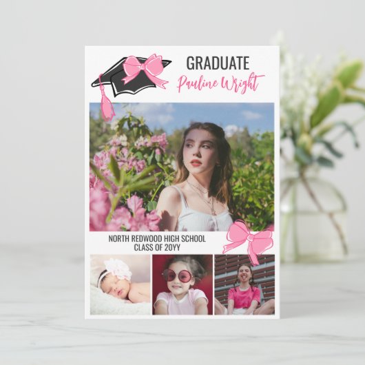 Girly Schattige Roze Bogen Foto's Afstuderen Vieri Kaart (Staand voorkant)