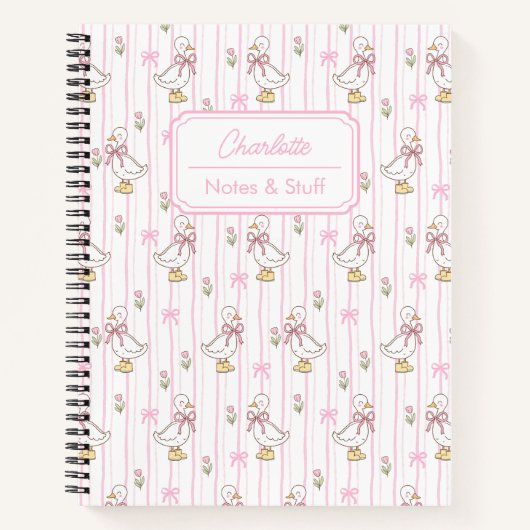 Girly Schattigee Coquette Gans met Roze Bow Monogr Notitieboek (Voorkant)