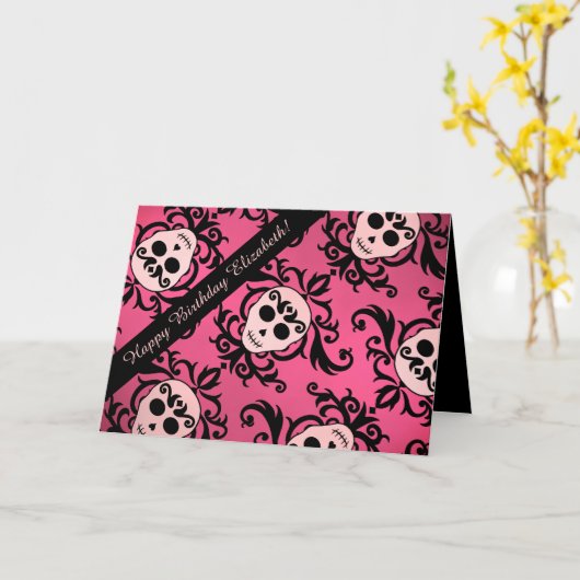 Girly schedel Verjaardag Kaart (Gele Bloem)