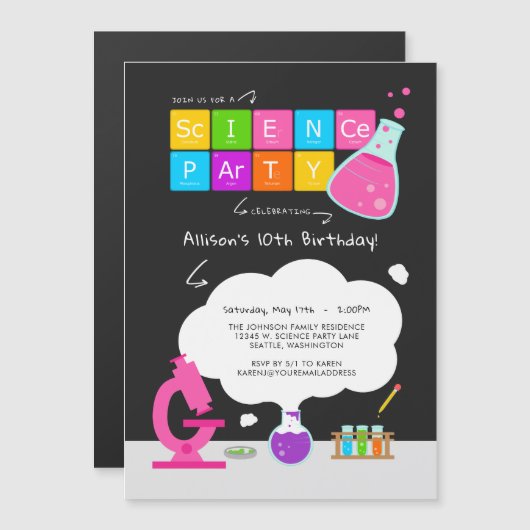 Girly Science Party Magnetische Uitnodiging (Voorkant / Achterkant)