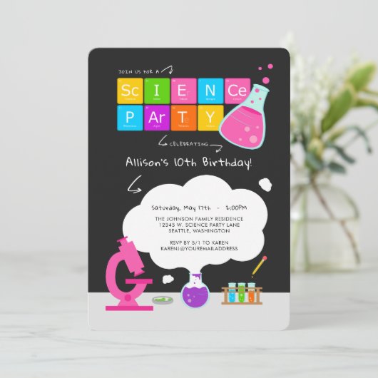Girly Science Party uitnodiging (Staand voorkant)