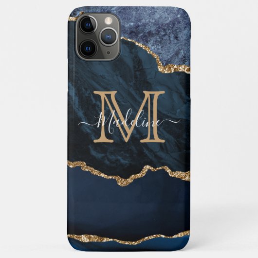 Girly Script Monogram Navy Blue Agate Geode Case-Mate iPhone Case (Achterkant)