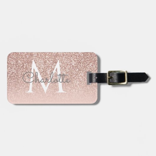 Girly Script Roos Gold Glitter Blush Pink Monogram Bagagelabel (Voorkant horizontaal)