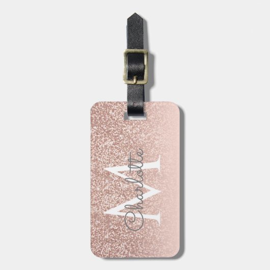 Girly Script Roos Gold Glitter Blush Pink Monogram Bagagelabel (Voorkant verticaal)