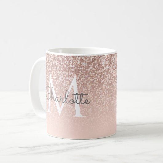 Girly Script Roos Gold Glitter Blush Pink Monogram Koffiemok (Voorkant links)