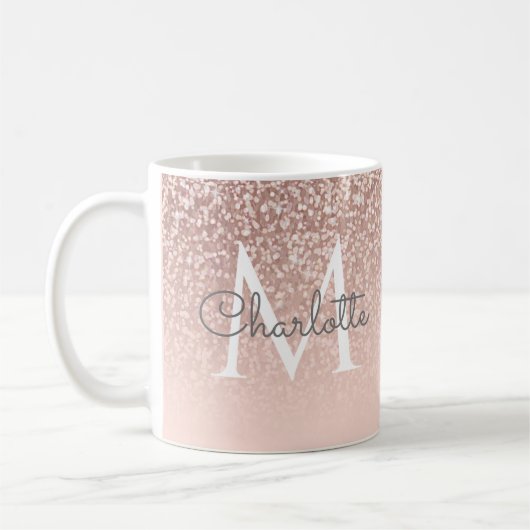 Girly Script Roos Gold Glitter Blush Pink Monogram Koffiemok (Links)