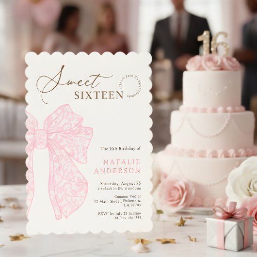 Girly Script Roze Bloemen Kant Bow Sweet Sixteen Kaart