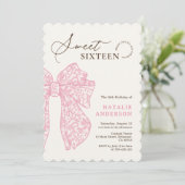 Girly Script Roze Bloemen Kant Bow Sweet Sixteen Kaart (Staand voorkant)