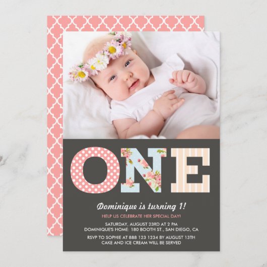 Girly Shabby Chic First Birthday Photo Invitation Kaart (Voorkant / Achterkant)