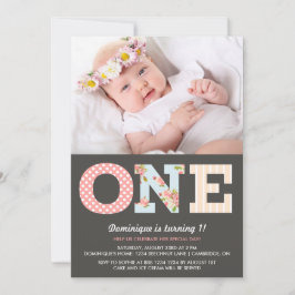 Girly Shabby Chic First Birthday Photo Invitation Kaart