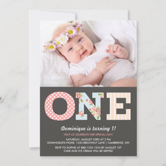 Girly Shabby Chic First Birthday Photo Invitation Kaart (Voorkant)