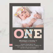 Girly Shabby Chic First Birthday Photo Invitation Kaart (Voorkant / Achterkant)