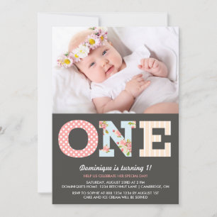 Girly Shabby Chic First Birthday Photo Invitation Kaart