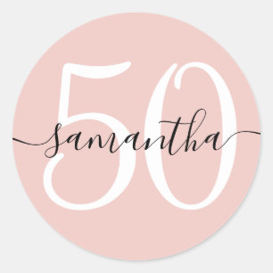 Girly Signature Gepersonaliseerd Nummer 50 Blush Ronde Sticker