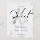 Girly Silver border marble script foto Sweet 16 Kaart (Voorkant)