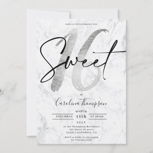 Girly Silver border marble script foto Sweet 16 Kaart (Voorkant)