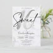 Girly Silver border marble script foto Sweet 16 Kaart (Staand voorkant)