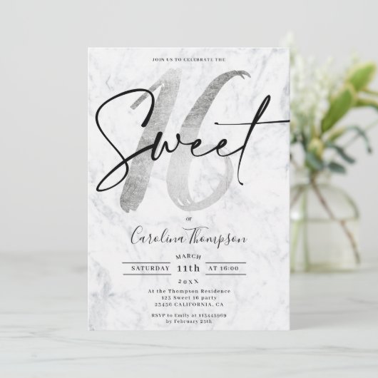 Girly Silver border marble script foto Sweet 16 Kaart (Staand voorkant)