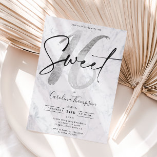 Girly Silver border marble script foto Sweet 16 Kaart