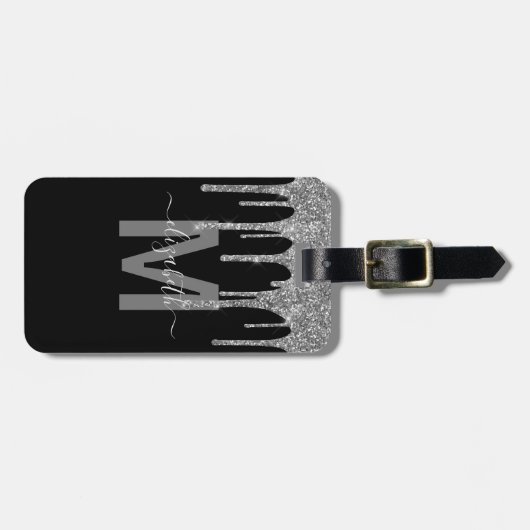 Girly Silver Driving Glitter Monogram Name Bagagelabel (Voorkant horizontaal)