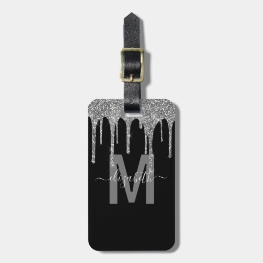Girly Silver Driving Glitter Monogram Name Bagagelabel (Voorkant verticaal)