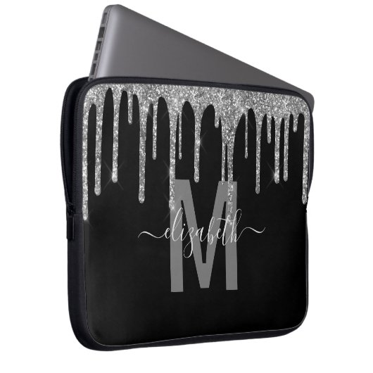 Girly Silver Driving Glitter Monogram Name Laptop Sleeve (Voorkant Rechts)