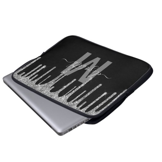 Girly Silver Driving Glitter Monogram Name Laptop Sleeve (Voorkant onderkant)