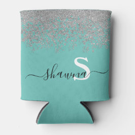 Girly Silver en Blauwgroen Monogram Aqua Sparkle Blikjeskoeler