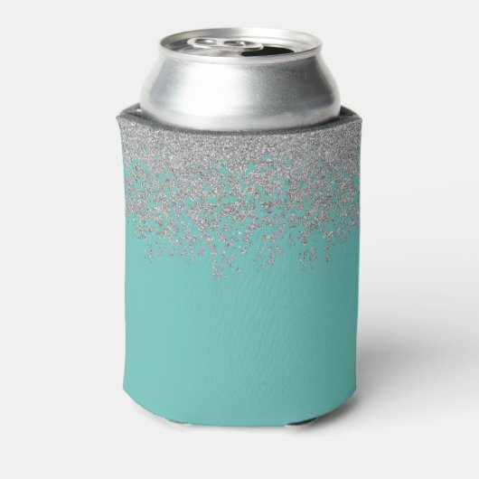 Girly Silver en Blauwgroen Monogram Aqua Sparkle Blikjeskoeler (Blikje Achterkant)