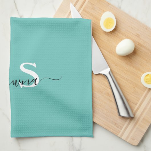 Girly Silver en Blauwgroen Monogram Aqua Sparkle Theedoek (Quarter Fold)