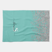 Girly Silver en Blauwgroen Monogram Aqua Sparkle Theedoek (Horizontaal)