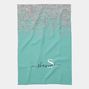 Girly Silver en Blauwgroen Monogram Aqua Sparkle Theedoek