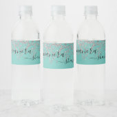 Girly Silver en Blauwgroen Monogram Aqua Sparkle Waterfles Etiket (Flessen)