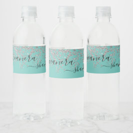 Girly Silver en Blauwgroen Monogram Aqua Sparkle Waterfles Etiket
