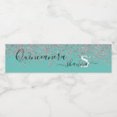 Girly Silver en Blauwgroen Monogram Aqua Sparkle Waterfles Etiket (Enkel label)